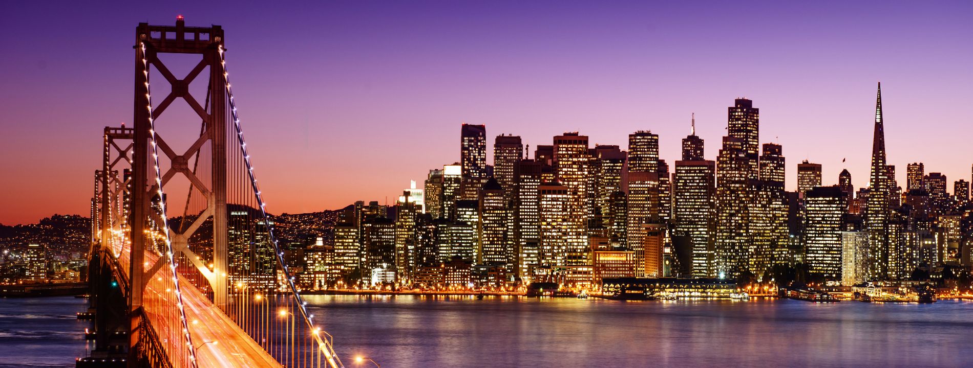 <p>Tramonto con vista sullo skyline e sul Bay Bridge</p>
